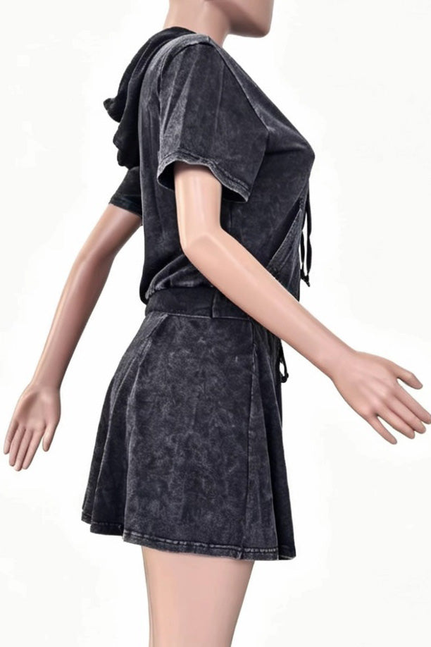 Mineral Wash Short Sleeve Hoodie & Skater Skirt Set Lavish Daily