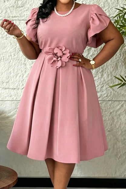 3D Floral Flutter Sleeve Pleated A-Line Midi Dress Lavish Daily