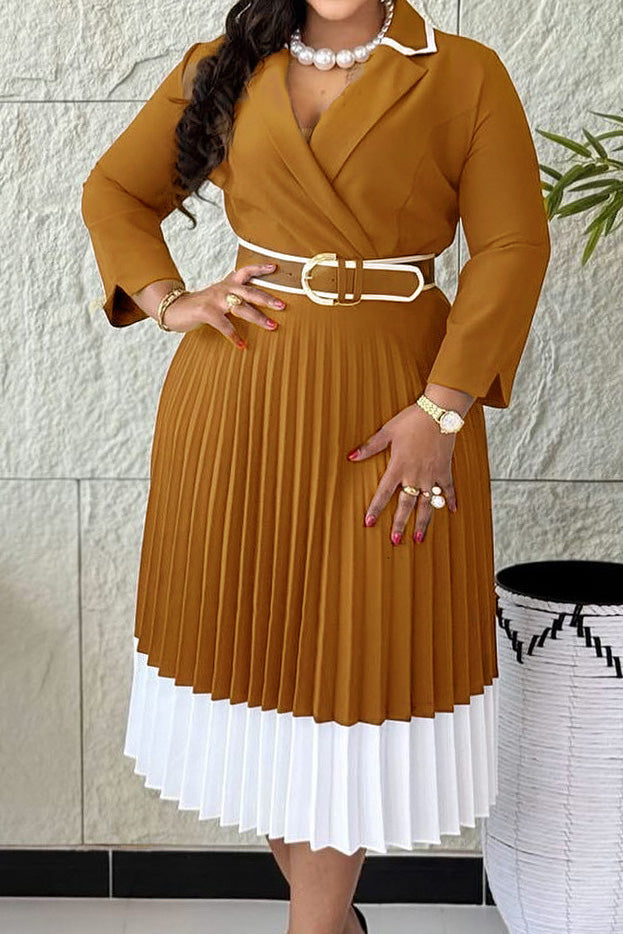 Elegant Lapel Belted Pleated Midi Dress Lavish Daily