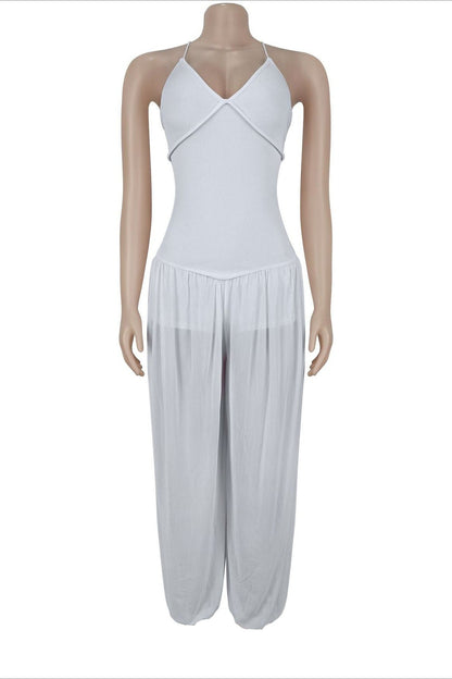 Sheer Lace-Up Wide Leg Jumpsuit Lavish Daily