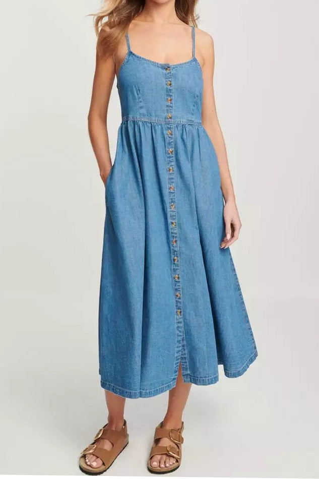 Trendy Denim Spaghetti Strap Dress Lavish Daily