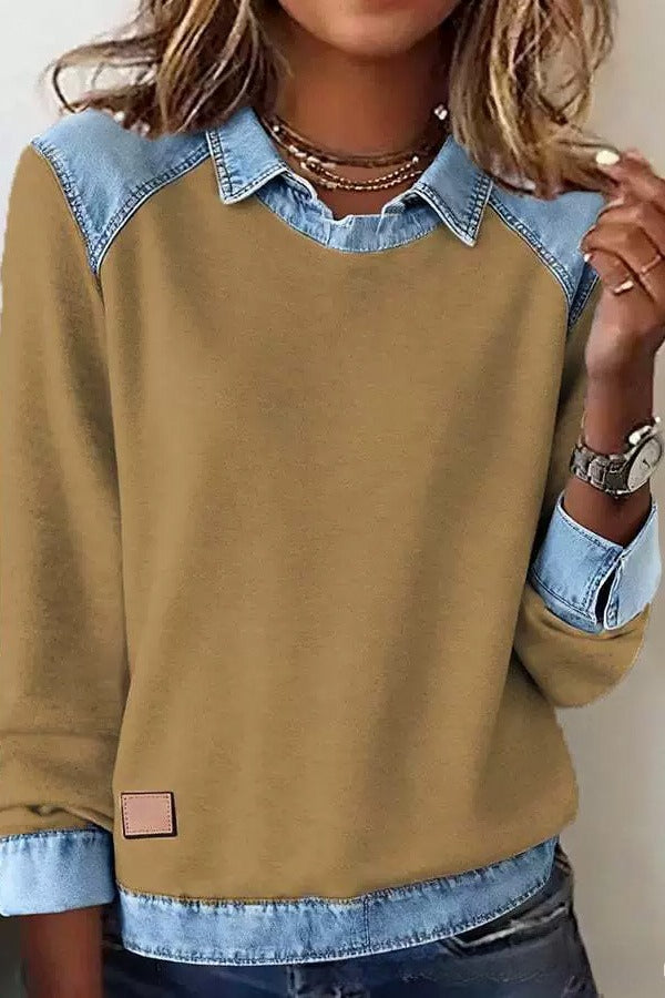 Denim Collar Long Sleeve Knit Pullover Top Lavish Daily