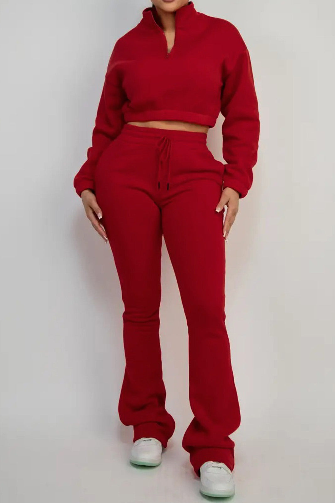 Fleece Crop Top and Flare Pants Set Lavish Daily