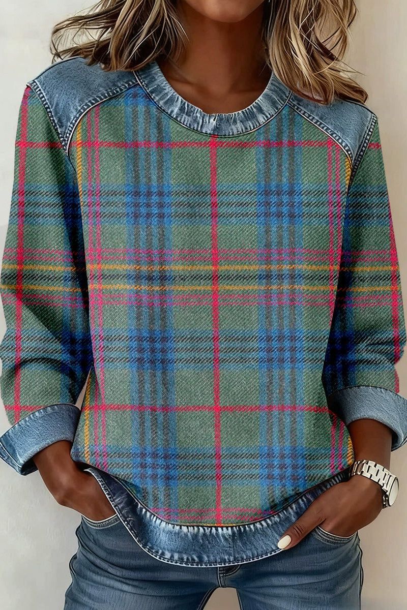 Denim Collar Long Sleeve Knit Pullover Top LavishDaily