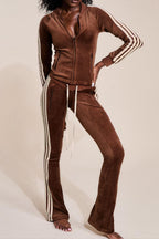 Zip Up Drawstring Stripe Flare Pants Set Lavish Daily
