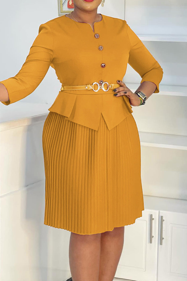 Three-Quarter Sleeve Pleated Midi Dress Lavish Daily