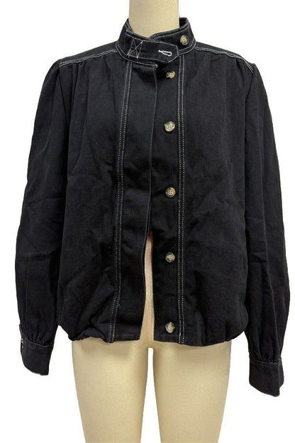Puff-Sleeve Stand-Collar Denim Jacket Lavish Daily