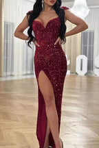 Burgundy Sequin Corset Slit Sweep Dress Lavish Daily