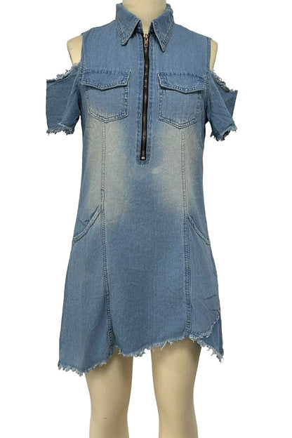 Cold Shoulder Zip Front Denim Mini Dress Lavish Daily