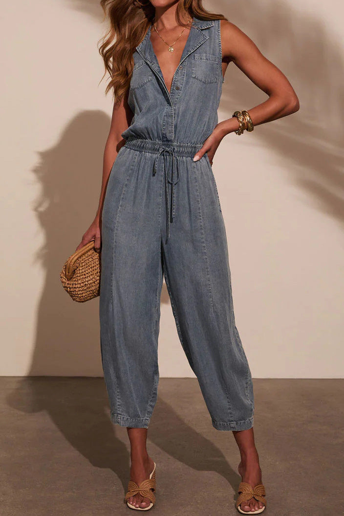 Sleeveless Drawstring Waist Washed Denim Jumpsuit Lavish Daily