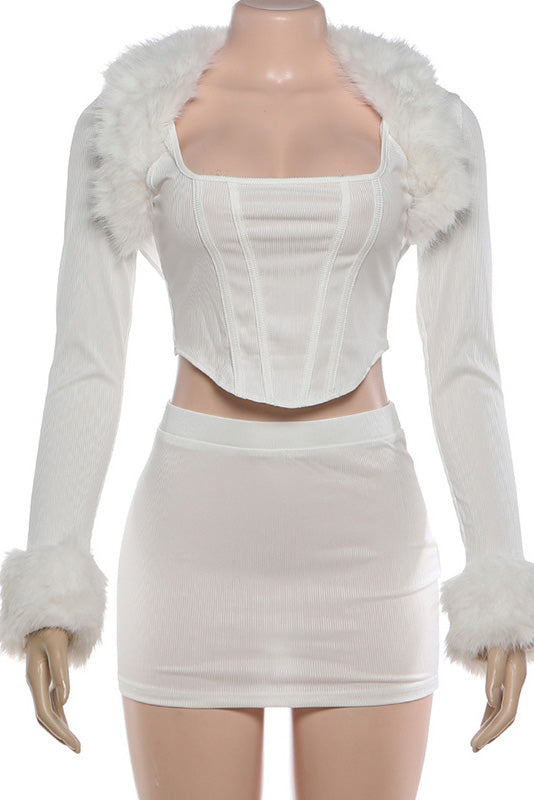 Crop Faux Fur Blouse & Corset 3 Piece Set LavishDaily