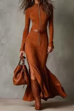 Long Sleeve Zipper Slim Fit Slit Maxi Dress Lavish Daily