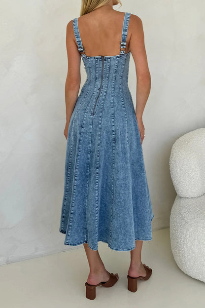 Sleeveless Backless Strappy Denim Maxi Dress Lavish Daily