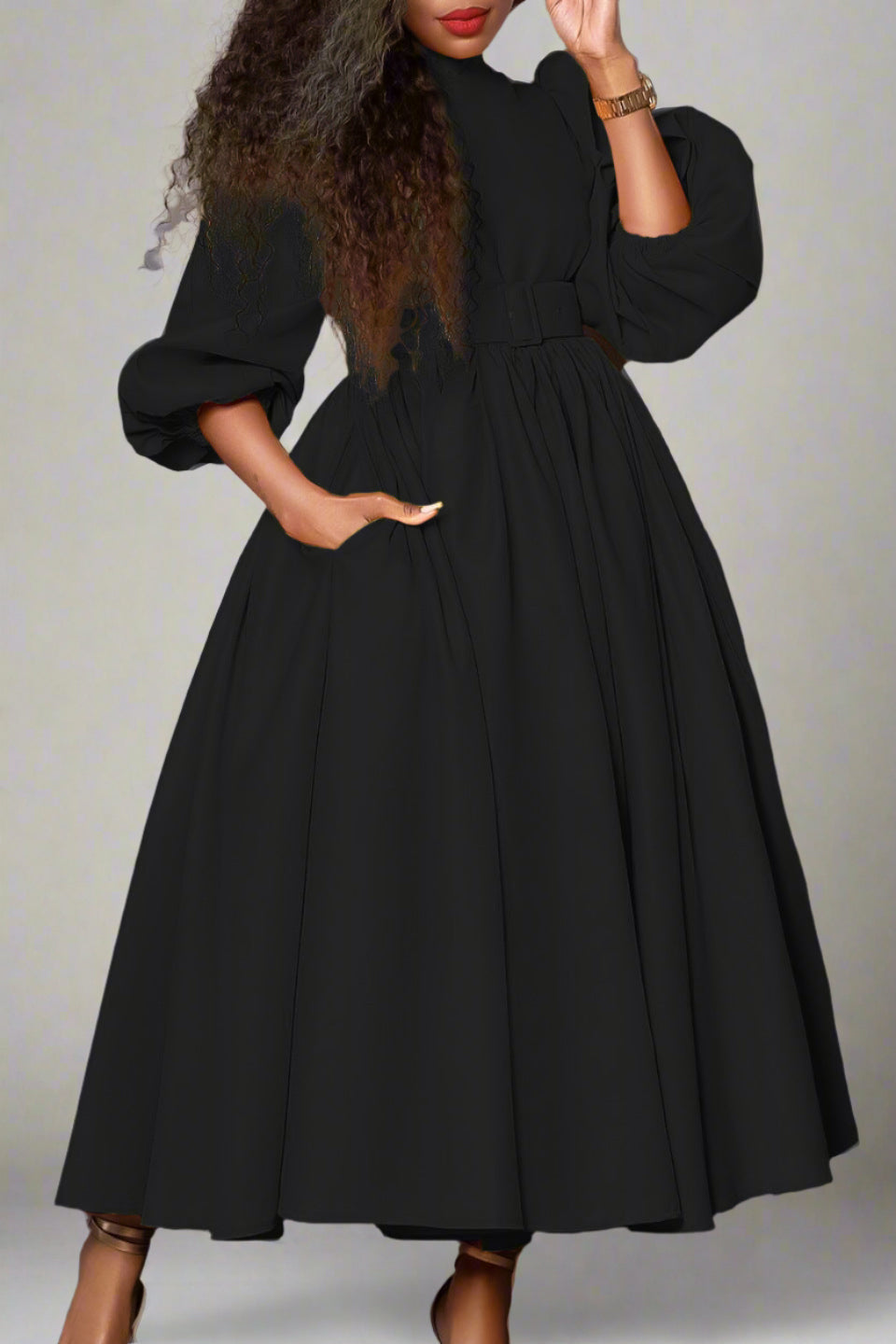 High Neck Puff Sleeve Evening Large Hem Dresses Lavish Daily