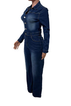 Stretch Flare Long Sleeve Denim Jumpsuit Lavish Daily