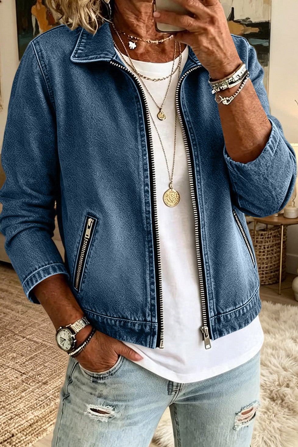 Washed Zip Front Denim Jacket Lavish Daily