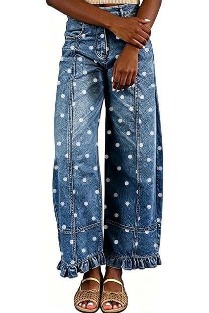 Polka Dot Wide Leg Jeans with Ruffle Hem Lavish Daily