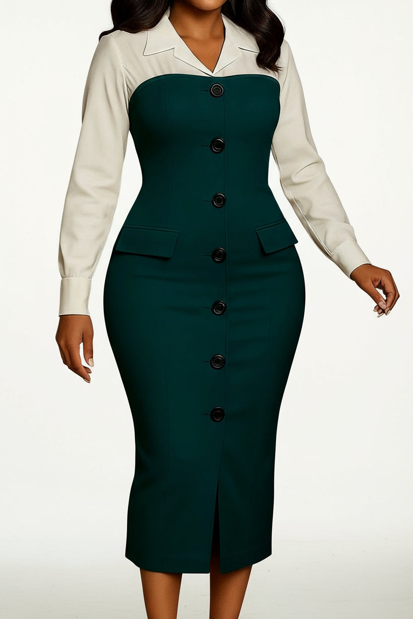 Long Sleeve Blazer Collar Pencil Skirt Dress Lavish Daily