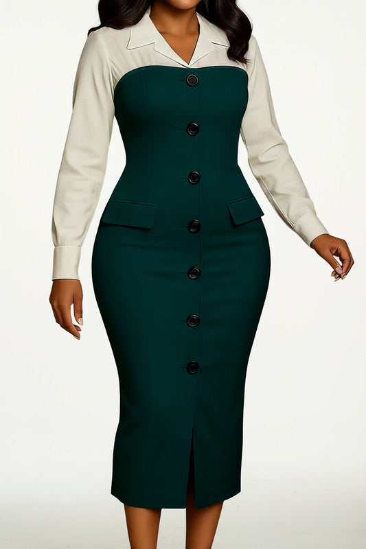 Long Sleeve Blazer Collar Pencil Skirt Dress Lavish Daily