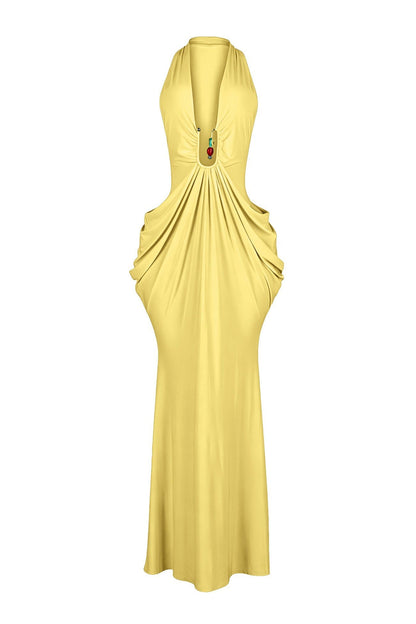 Plunging Halter Beaded Cutout Maxi Dress Lavish Daily