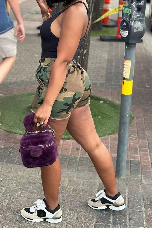Camo High Waist Raw Hem Cutoff Shorts LavishDaily