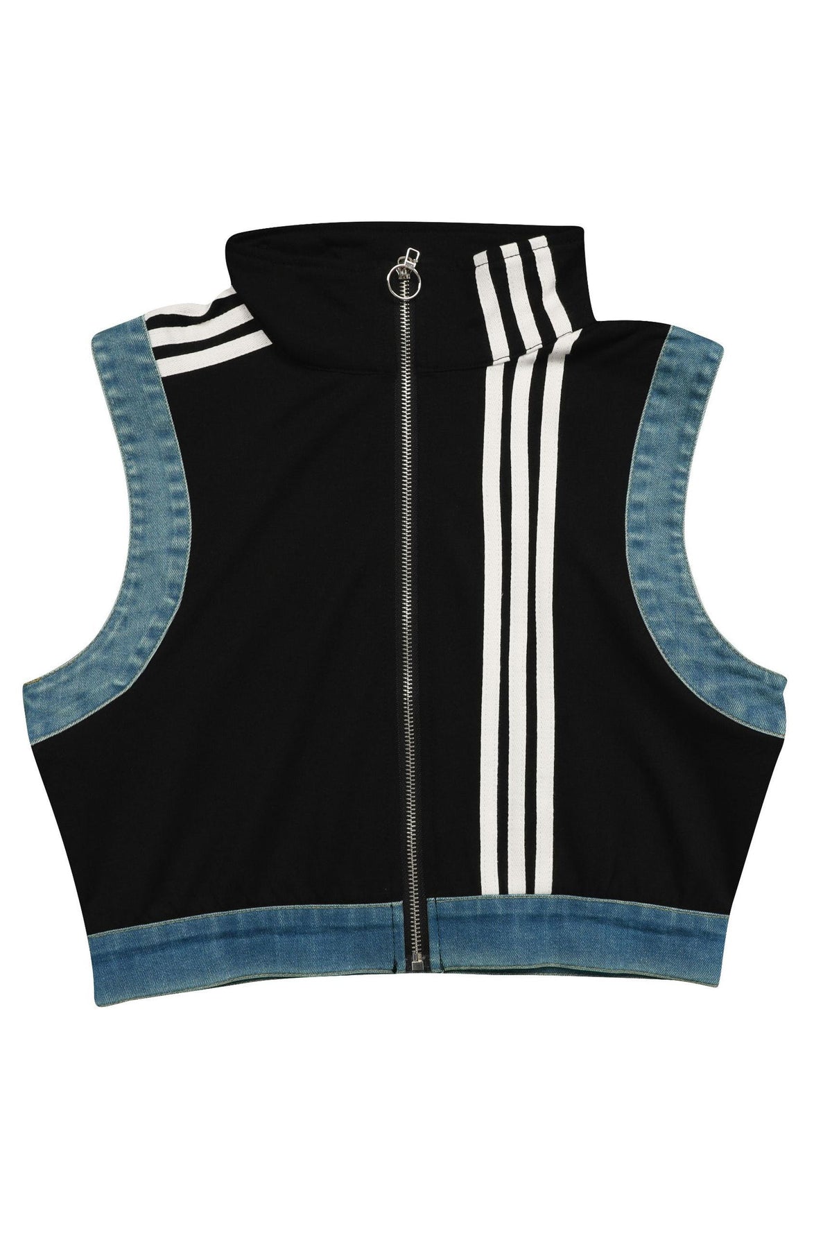 Sporty Striped Denim Crop Vest & Jeans Set Lavish Daily