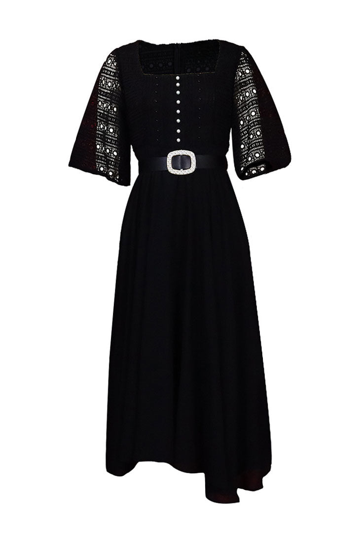 Square Neckline Lace Sleeve Midi Party Dress Lavish Daily