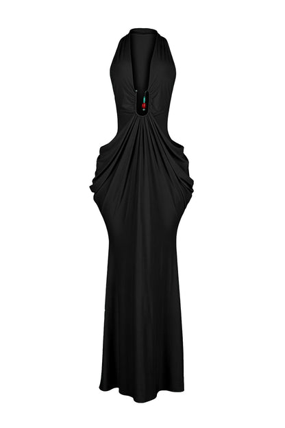 Plunging Halter Beaded Cutout Maxi Dress Lavish Daily
