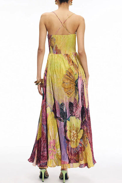 Printed Pleated Maxi Dress with Spaghetti Straps Lavish Daily