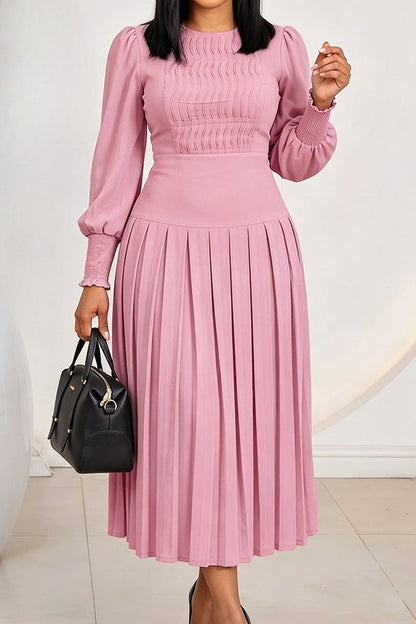 Smocked Puff Sleeve Pleated Midi Dress Lavish Daily