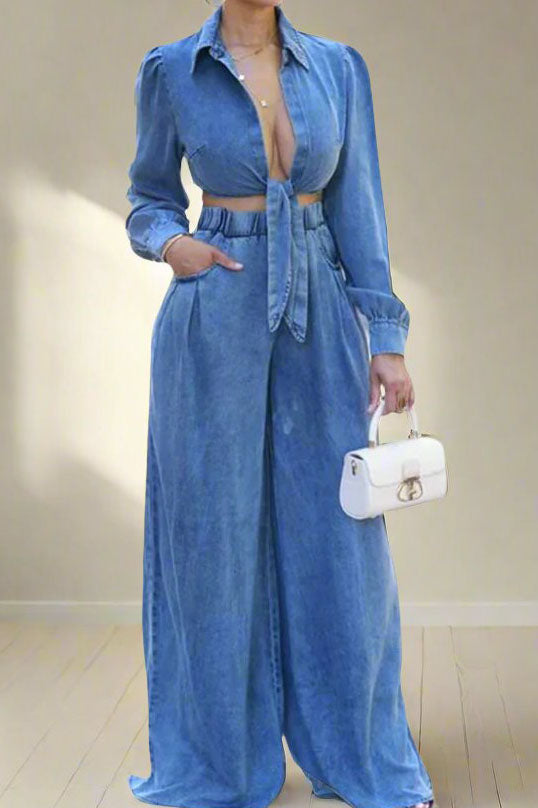 Denim Tied Shirt & Wide-Leg Pants Set Lavish Daily