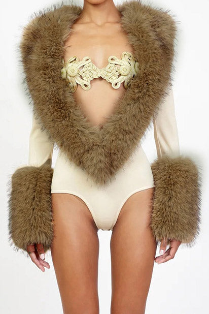 Plush-Trim Deep V Long-Sleeve Bodysuit Lavish Daily