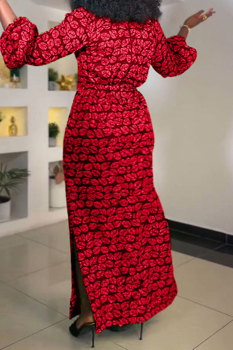 Print Slit V Neck Long Dresses Lavish Daily