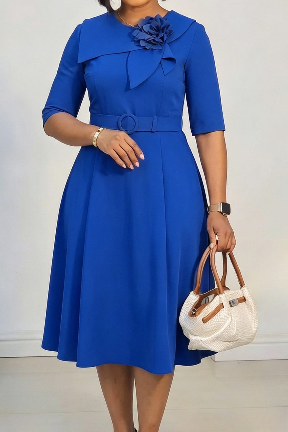 Asymmetrical Floral Collar Belted A-Line Dress Lavish Daily