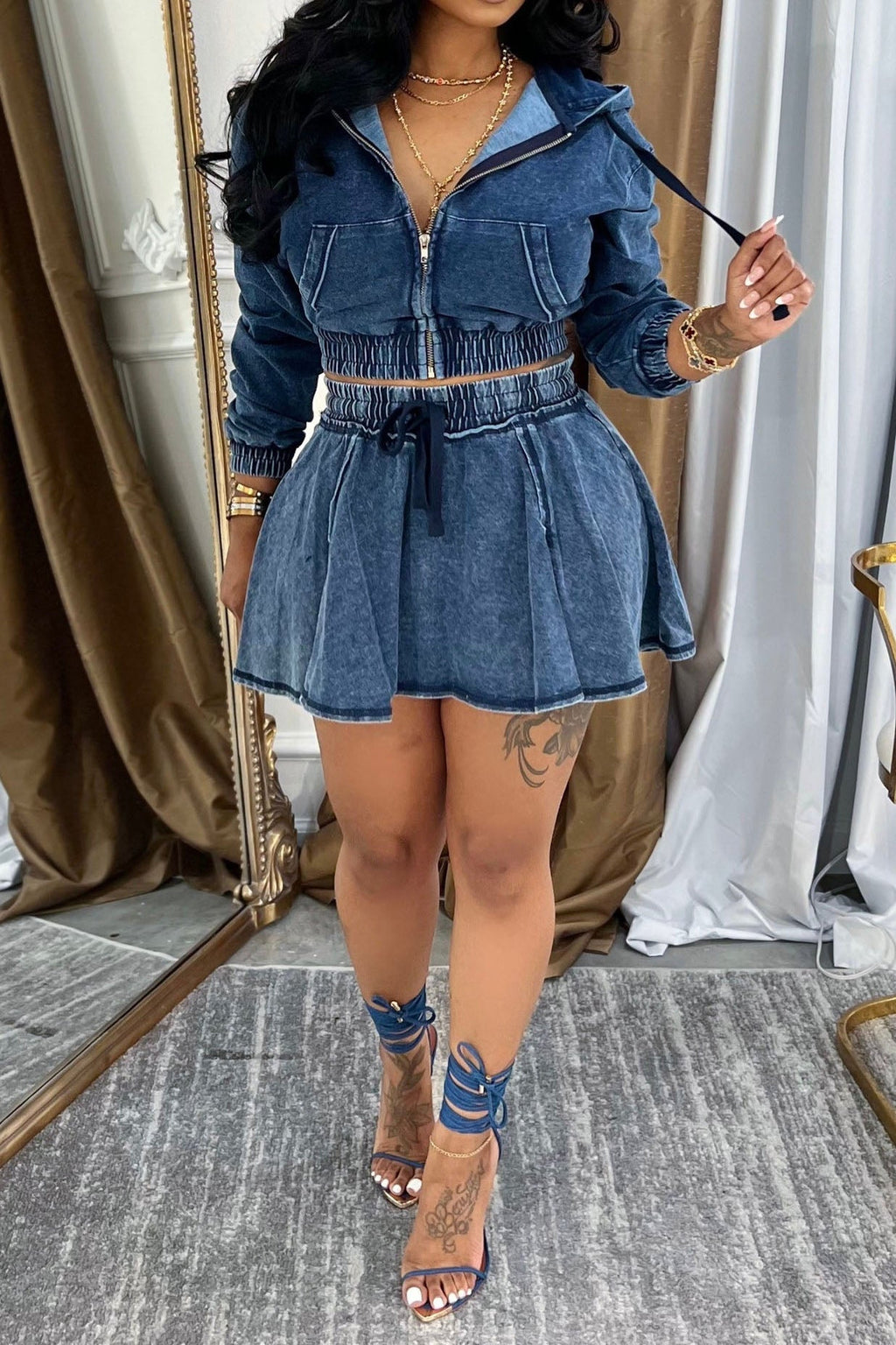Hooded Denim Jacket & Skirt Set Lavish Daily