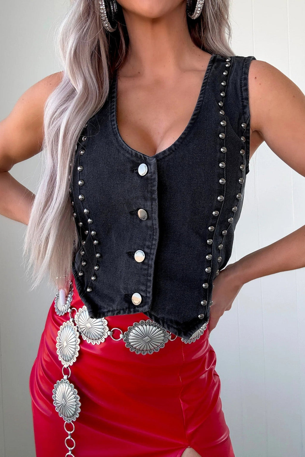 Sleeveless Studded Denim Vest Lavish Daily