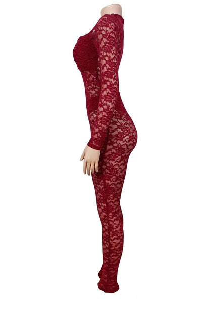 Sheer Lace Long-Sleeve Cutout Jumpsuit Lavish Daily