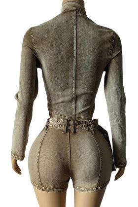 Washed Denim Zip Up Top & Shorts Set Lavish Daily