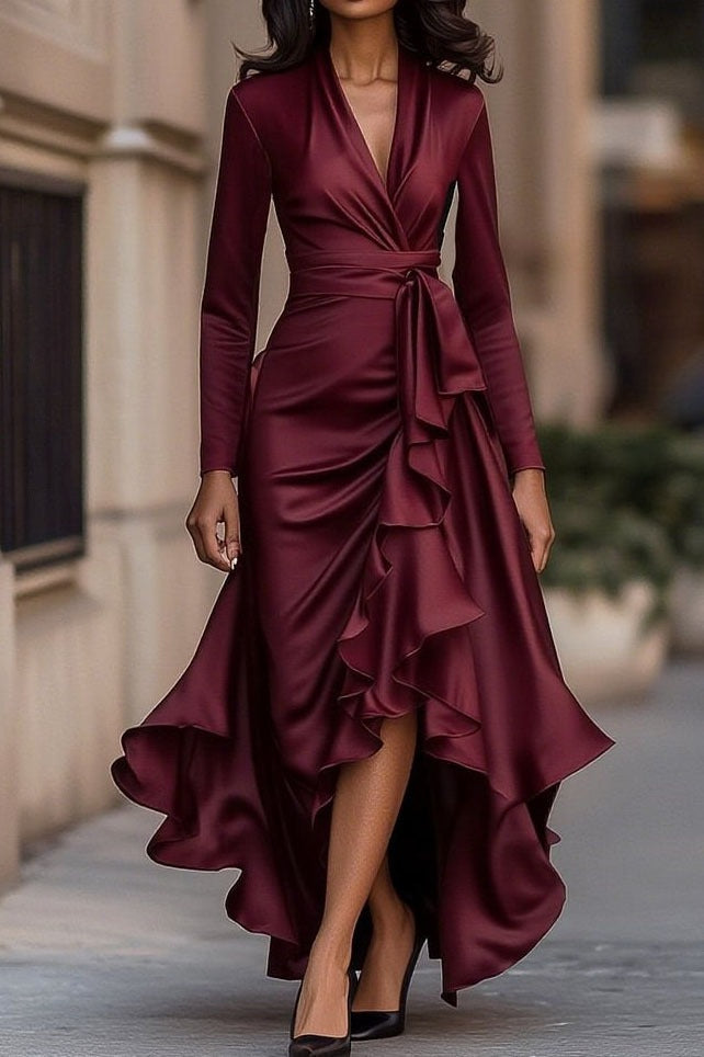 Solid V Neck Ruffle Waist Maxi Dress Lavish Daily