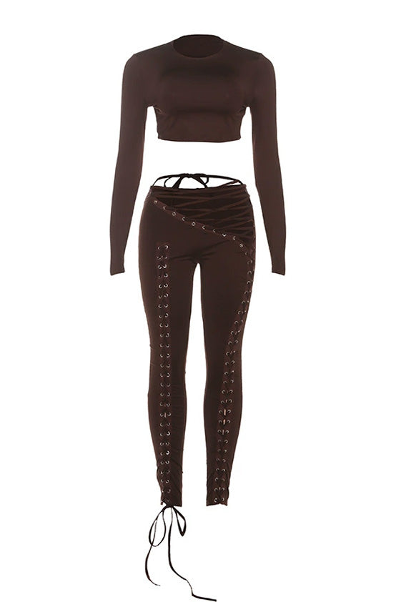 Long Sleeve Crop Top and Lace-Up Pants Set Lavish Daily