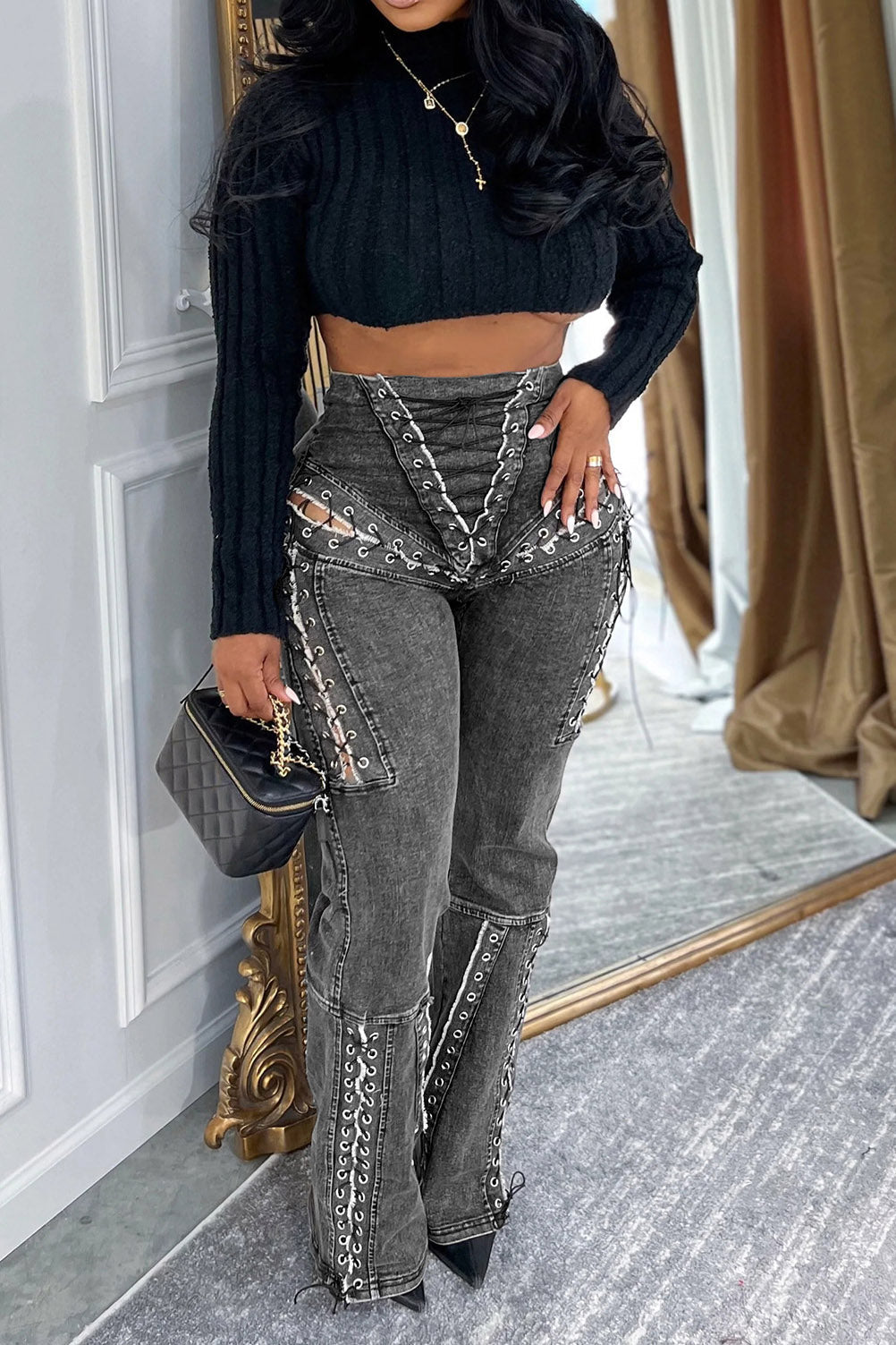 Lace Up High Waist Jeans Lavish Daily