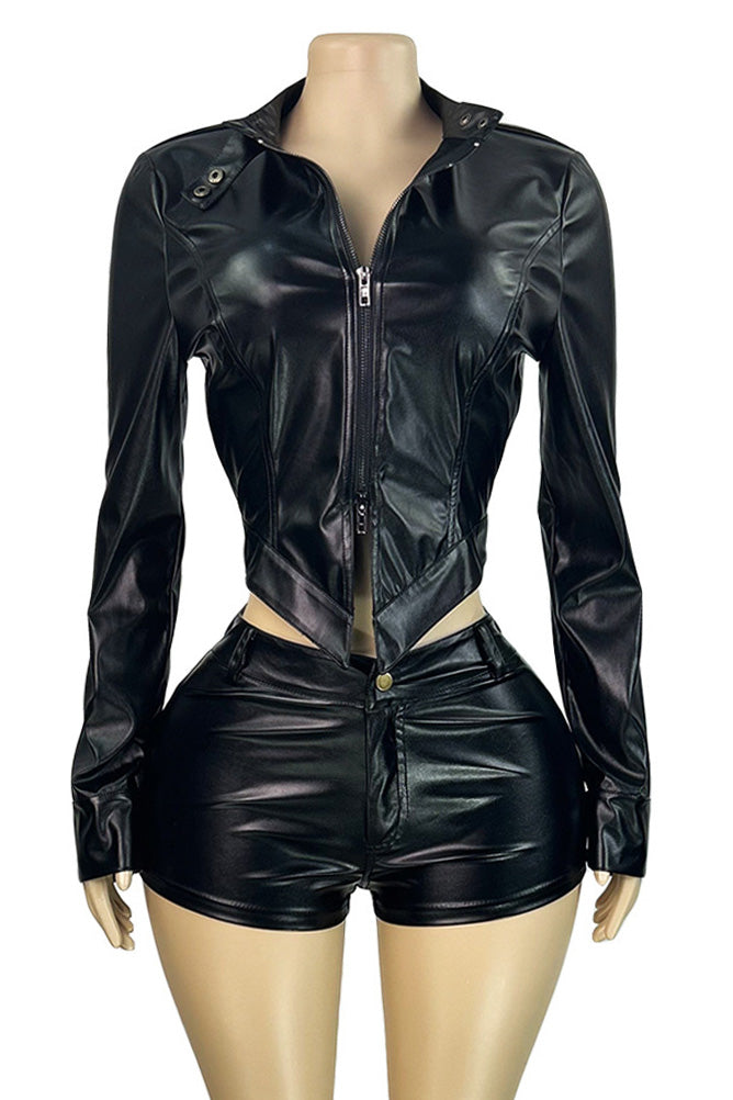 Leather Stand Collar Zip Jacket and Shorts Set Lavish Daily