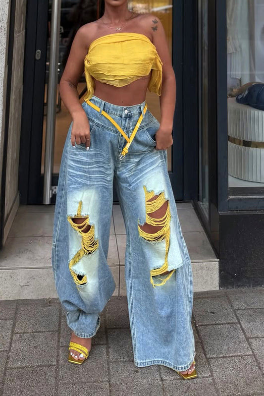 High-Waisted Distressed Wide-Leg Jean Lavish Daily
