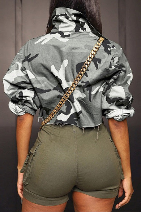 Camo Print Cropped Raw Hem Utility Jacket Lavish Daily