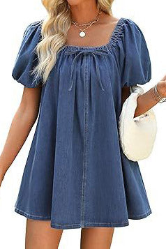 Bubble Sleeve Square Neck Denim Babydoll Dress Lavish Daily