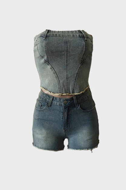 Strapless Denim Tube Top Frayed Belted Shorts Set Lavish Daily