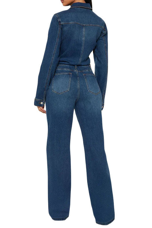 Stretch Flare Long Sleeve Denim Jumpsuit Lavish Daily