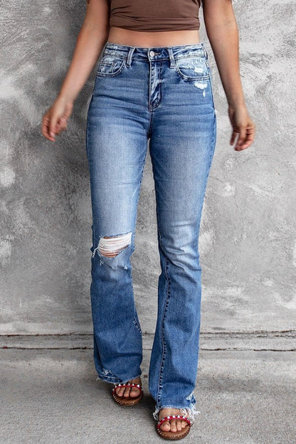 High Waist Distressed Raw Hem Flare Jeans Lavish Daily