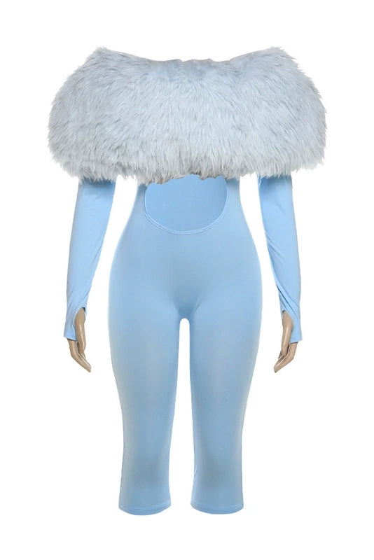 Faux Fur Trim Fitted Crop Jumpsuit Lavish Daily