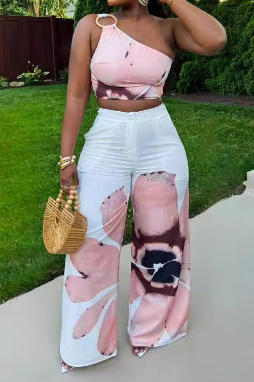 Printed One-Shoulder Top & Wide Leg Pants Set Lavish Daily